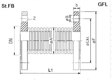Edelstahflanschkompensator max 10bar, 240mm +/- 32,5mm; +/- 12° (0,7mm)